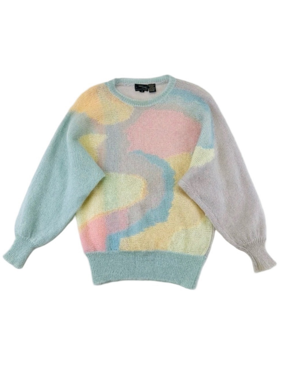 80s Vintage pastel mohair sweater womens Medium round neck abstract